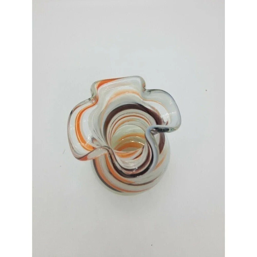 Vtg Vintage Ozark Art Glass Vase Brown Orange Ruffle Edge  5-1/2 Swirl